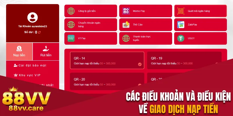 Điều khoản và điều kiện 88VV về giao dịch nạp tiền